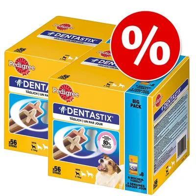 2 συσκευασίες Pedigree Dentastix για σκύλους mini 5–10 κιλά, x56 sticks η κάθε μία, ένδειξη προσφοράς με σύμβολο %.