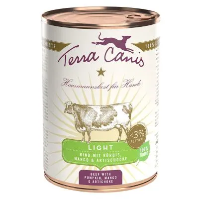 Terra Canis Light, wołowina z dynią, mango i karczochem. <3% tłuszczu. 100% naturalne. Hausmannskost für Hunde. Beef with pumpkin, mango & artichoke.