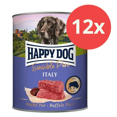 Happy Dog Sensible Pure Italy, Büffel Pur. Abbildung einer Dose mit rotem Fleisch und einem Hund. Packungsgröße: 12x.