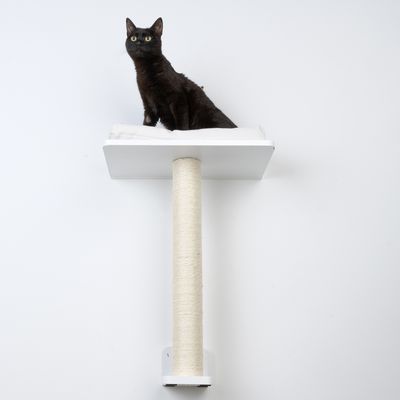 Zwarte kat zit op een verhoogd wit platform met sisal krabpaal eronder. Product voor wandmontage voor katten.