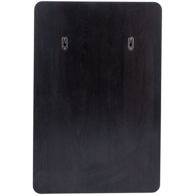 Achterkant van een donker houten paneel met twee geïntegreerde wandbeugels voor bevestiging.