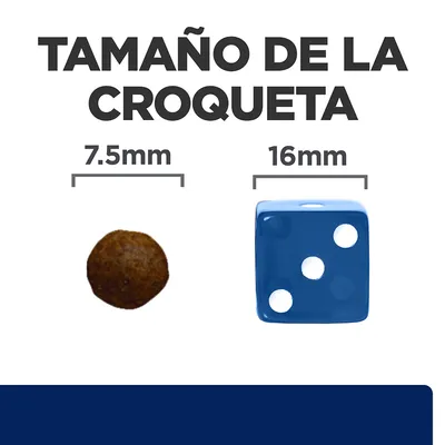 Comparativa de tamaño: croqueta de 7,5 mm junto a dado azul de 16 mm. Texto: 'Tamaño de la croqueta'.