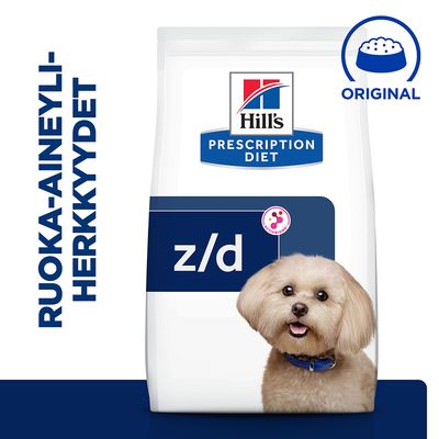 Hill's Prescription Diet z/d Original, kuva ruokapakkauksesta, jossa on koira ja teksti: RUOKA-AINEYLIHERKKYYDET.