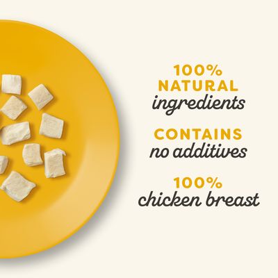 100% natural ingredients, contains no additives, 100% chicken breast. Text v angličtině vedle kousků masa na žlutém talíři.