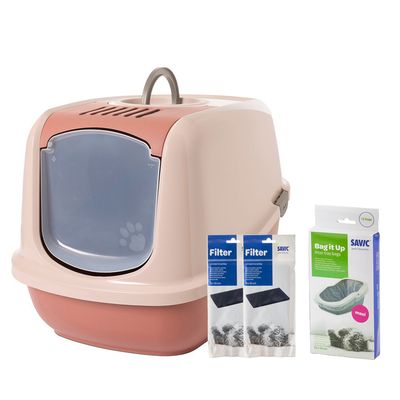 Savic Katzentoilette Nestor Jumbo Toilette champagner rosa / toskana rot + 2 extra Filter + 6 Bag it up