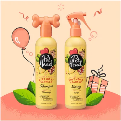 Pet Head Cotton Candy Birthday Sparkle szampon i spray, 300 ml. Zawiera naturalne oleje i ekstrakty. Odpowiedni do pielęgnacji zwierząt.