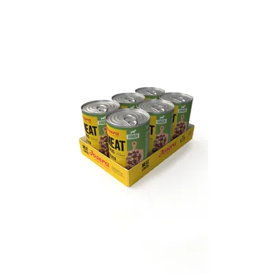 Lot de 6 boîtes Josera Junior Meat Lovers Menu, étiquette verte et jaune avec texte visible : MEAT LOVERS MENU, JUNIOR, Josera.