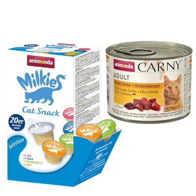 animonda Kombi-Paket: 12 x 200 g Carny Adult + 20 x 15 g Milkies Selection - Rind, Huhn & Entenherzen + Milkies Snack (4 Sorten)