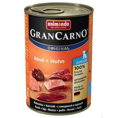 Animonda GranCarno Original Rind + Huhn Junior koiran märkäruoka, 400 g. 100 % tuoreet ainesosat, viljaton, gluteeniton. Valmistettu Saksassa. Näkyvissä naudan- ja kananlihaa. Animonda GranCarno Original Rind + Huhn Junior koiran märkäruoka, 400 g. 100 % tuoreet ainesosat, viljaton, gluteeniton. Valmistettu Saksassa. Näkyvissä naudan- ja kananlihaa.