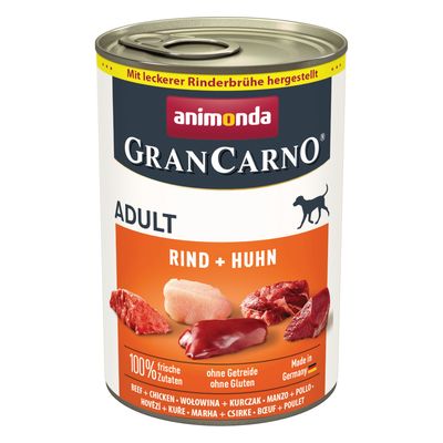 Animonda GranCarno Adult nöt + kyckling, tillagad med smakrik nötköttsbuljong, 100 % färska ingredienser, utan spannmål och gluten, Made in Germany.