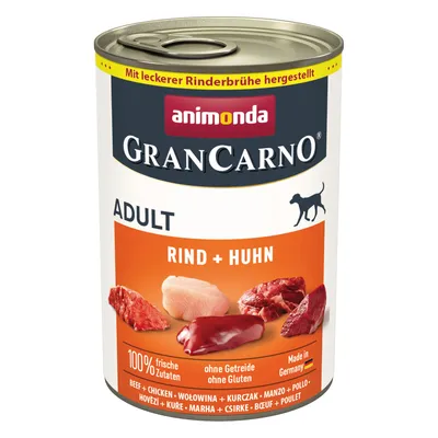 Animonda GranCarno Adult hovězí + kuře, vyrobeno s chutným hovězím vývarem, 100% čerstvé suroviny, bez obilovin a lepku, vyrobeno v Německu.