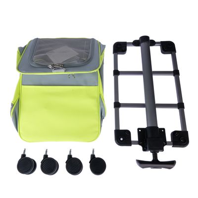 Borsa da trasporto gialla e grigia con finestra in rete, carrello rimovibile e quattro ruote. Accessorio per il trasporto di pet.