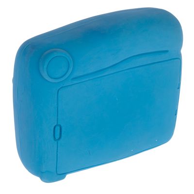 Giocattolo rettangolare in plastica blu con angoli arrotondati e dettagli in rilievo.