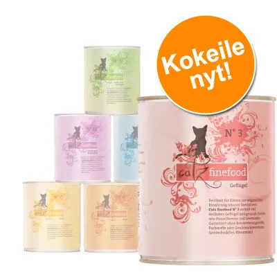 catz finefood -kissanruokapurkkeja eri väreissä, etiketissä teksti 'N° 3', 'Geflügel'. Oranssi ympyrä: 'Kokeile nyt!'