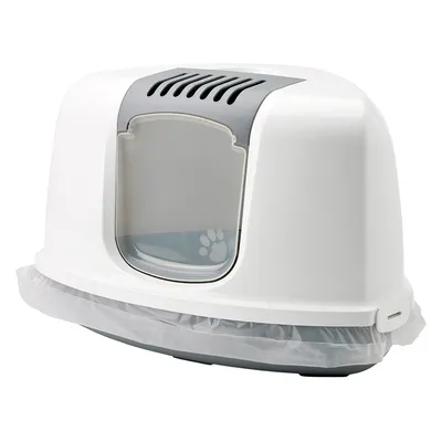 Maison de toilette pour chat en plastique blanc et gris, porte battante transparente avec motif patte, filtre à air sur le dessus, sac hygiénique visible autour du bac.