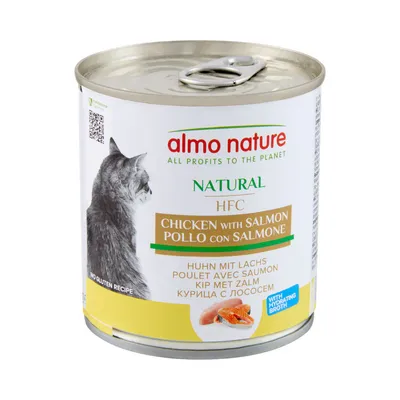Boîte de nourriture pour chat almo nature Natural HFC, poulet avec saumon. Texte visible : all profits to the planet, no gluten recipe, with hydrating broth, poulet avec saumon.