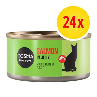 COSMA PURE LOVE Salmon in Jelly, Single Protein Pure Fish, opakowanie 24x. Zielona puszka z czarnym kotem i napisem po angielsku.
