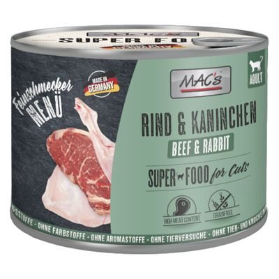 MAC's Ínyenc Menü Marha & Nyúl, Németországban készült, Szuper Étel Macskáknak, magas hústartalommal, gabonamentes, színezékek, aromák, állatkísérletek, állati- és csontliszt nélkül.