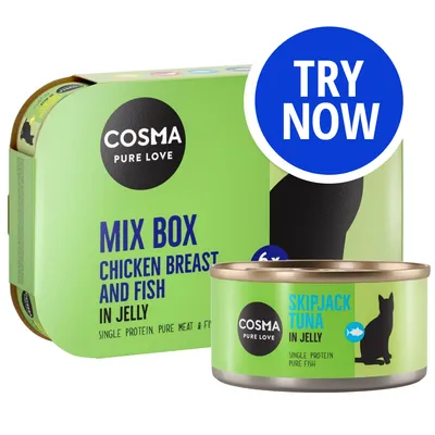 Mix box with chicken breast and fish in jelly, single protein. Includes skipjack tuna in jelly. Blue circle with 'Try Now' text shown.