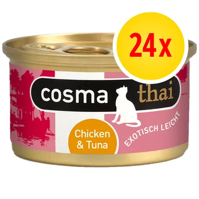 cosma thai kattenvoer, Chicken & Tuna, Exotisch Leicht, verpakking met 24 stuks zichtbaar op het blikje cosma thai kattenvoer, Chicken & Tuna, Exotisch Leicht, verpakking met 24 stuks zichtbaar op het blikje