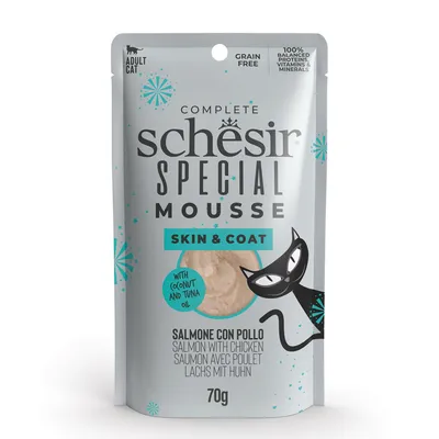 Schesir Special Mousse Skin & Coat, lazac csirkével, kókusz- és tonhalolajjal, gabonamentes, 100% kiegyensúlyozott fehérjék, vitaminok és ásványi anyagok, 70g felnőtt macskáknak. Schesir Special Mousse Skin & Coat, lazac csirkével, kókusz- és tonhalolajjal, gabonamentes, 100% kiegyensúlyozott fehérjék, vitaminok és ásványi anyagok, 70g felnőtt macskáknak.