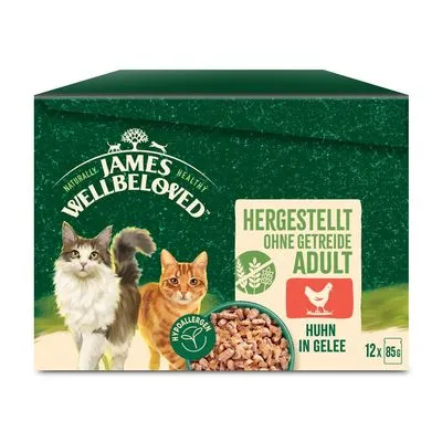 James Wellbeloved kattenvoer, Hergestellt ohne Getreide Adult, Huhn in Gelee, hypoallergeen, 12 x 85g. Verpakking toont twee katten en voer in gelei.