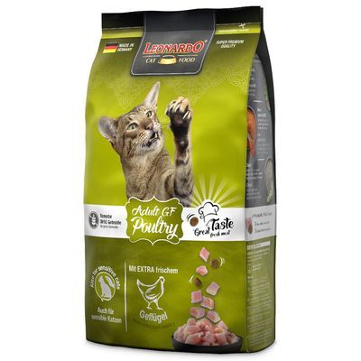 Leonardo Cat Food Adult GF Poultry, bild på katt, text: Great Taste, recept utan spannmål, mit extra frischem Geflügel, Auch für sensible Katzen. Förpackning med kycklingbitar.