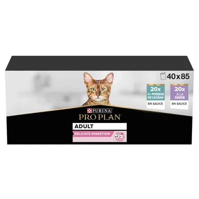 Purina Pro Plan Adult Delicate Digestion, 40x85g, 20x ocean fish in sauce, 20x turkey in sauce. For sensitive digestion. Purina Pro Plan Adult Delicate Digestion, 40x85g, 20x ocean fish in sauce, 20x turkey in sauce. For sensitive digestion.