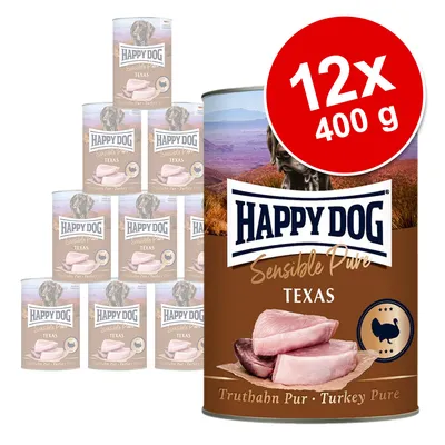 Happy Dog Sensible Pure Texas Truthahn Pur, 12x400g burkar. Produktbild med kalkonkött och hundbild på förpackningen.