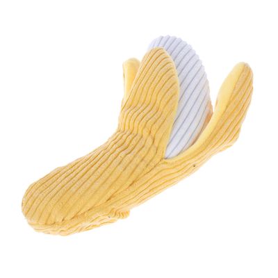 Giocattolo in tessuto giallo e bianco a forma di banana con superficie a coste.