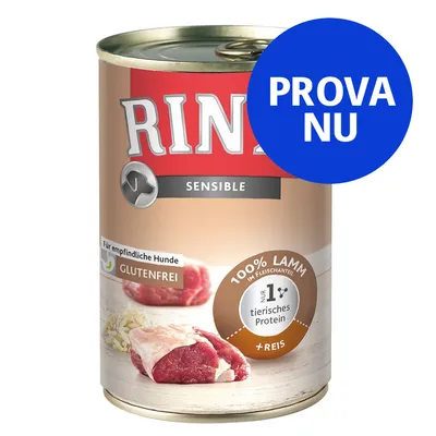 Rinti Sensible hundmatburk, text på tyska: 'GLUTENFREI', '100% LAMM', '+REIS', blå cirkel med svensk text: 'PROVA NU'. Bild på kött och ris på etiketten. Rinti Sensible hundmatburk, text på tyska: 'GLUTENFREI', '100% LAMM', '+REIS', blå cirkel med svensk text: 'PROVA NU'. Bild på kött och ris på etiketten.