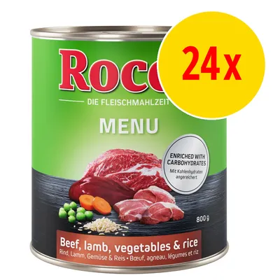 Rocco Menu Beef, lamb, vegetables & rice, 800 g. Text: Enriched with carbohydrates. Bild på kött, ärtor, morot och ris. Gul cirkel med röd text: 24x.