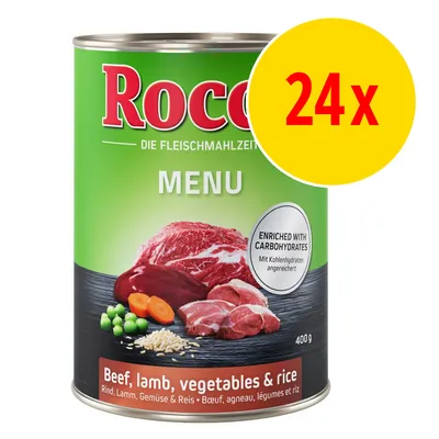 Rocco Menu våtfoder, 400 g burk med nötkött, lamm, grönsaker och ris. Text: Enriched with carbohydrates. Förpackning med 24x enligt gul cirkel på bilden.