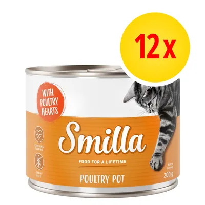 Smilla Poultry Pot, 12 x 200 g, z sercami drobiowymi, zawiera taurynę, bezzbożowa. Na etykiecie kot i napisy: with poultry hearts, contains taurine, grain-free.