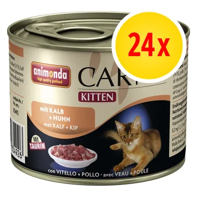 animonda Carny Kitten natvoer, met kalf en kip, 24x. Met taurine. Afbeelding van een kitten en vlees in een kom op het blik.