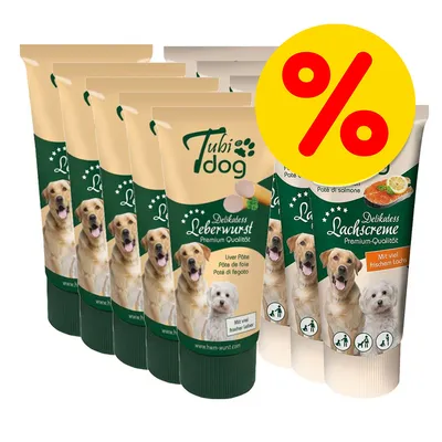 Tubi Dog -koiranherkkupakkaukset: Delikatess Leberwurst ja Delikatess Lachscreme, useita tuubeja, keltainen prosenttimerkki alennuksesta näkyvissä. Tubi Dog -koiranherkkupakkaukset: Delikatess Leberwurst ja Delikatess Lachscreme, useita tuubeja, keltainen prosenttimerkki alennuksesta näkyvissä.