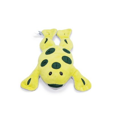 Jouet en peluche en forme de grenouille jaune avec taches vertes, yeux noirs brodés et pattes allongées, visible sur fond blanc.