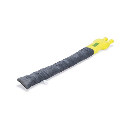 Długa pluszowa zabawka w kolorze żółtym i szarym z haftowanymi detalami, odpowiednia dla zwierząt domowych.