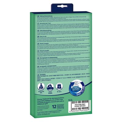 Bruksanvisning för engångspåsar av plast på flera språk, symboler för XXL, extra hållbara, 12 st. Illustrationen visar en hand som tar ut en påse ur kattlådan.