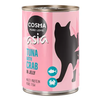 Cosma Asia krmivo pro kočky, tuňák s krabem v želé. Multi protein, čistá ryba. Růžová plechovka s černou siluetou kočky a ikonami ryby a kraba.