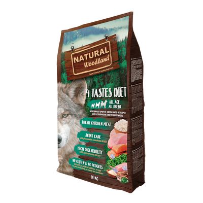 Natural Woodland karma dla psów, hipoalergiczna, 4 smaki Diet, świeże mięso z kurczaka, wspomaga stawy, wysokostrawna, bez glutenu i ziemniaków, dla wszystkich grup wiekowych i ras, 10 kg.