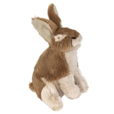 Giocattolo di peluche a forma di coniglio marrone con orecchie lunghe e pelo morbido.