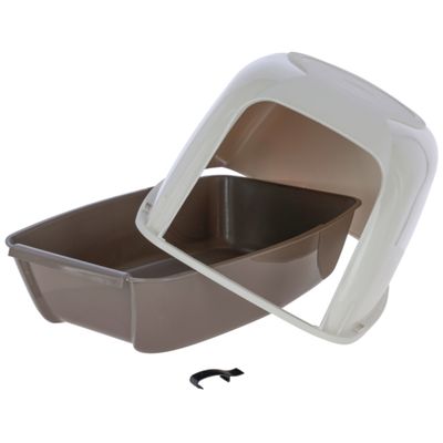 Tweedelige kattenbak in bruin en wit met afneembare deksel, inclusief zwarte clip voor bevestiging.