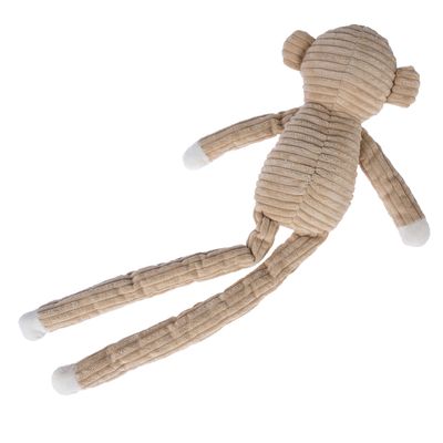 Giocattolo di stoffa beige a forma di scimmia con braccia e gambe lunghe, struttura a coste, estremità bianche su mani e piedi.