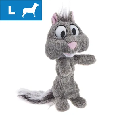 Gråt plyslegetøj formet som et egern med lyserød næse og hale. Blå felt med hvidt L og hundesilhuet øverst til venstre, indikerer størrelse L. Gråt plyslegetøj formet som et egern med lyserød næse og hale. Blå felt med hvidt L og hundesilhuet øverst til venstre, indikerer størrelse L.
