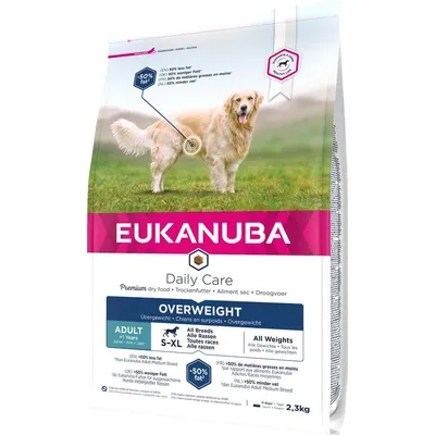 Eukanuba Daily Care suha hrana za prekomjerno teške pse, odrasle od 1 godine, sve pasmine, S-XL, 50% manje masti, pakiranje 2,3 kg.