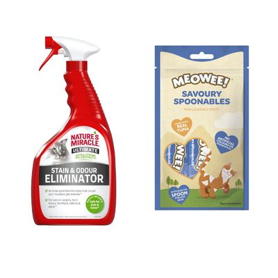 Nature's Miracle Bio-Enzymatic Formula plet- og lugtfjerner. Fjerner pletter og lugte fra tæpper, møbler og hårde gulve. Sikker for kæledyr og hjem.