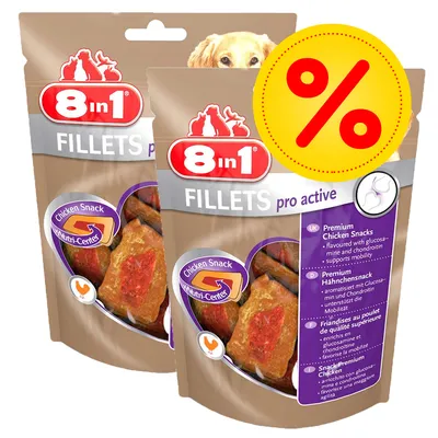 2 zakken 8in1 FILLETS pro active Chicken Snack met Nutri-Center, promotiepercentage zichtbaar op de verpakking. Tekst in meerdere talen over glucosamine en chondroïtine.