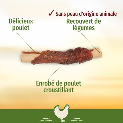 Sans peau d'origine animale, délicieux poulet, recouvert de légumes, enrobé de poulet croustillant (texte visible sur l'image)