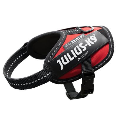 Шлейка JULIUS-K9 IDC Power красного цвета с видимым логотипом бренда и светоотражающими швами.